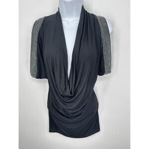 Y2K bebe made in france Silver Beaded V-Neck Blouse‎ Sleevesles black EUC
